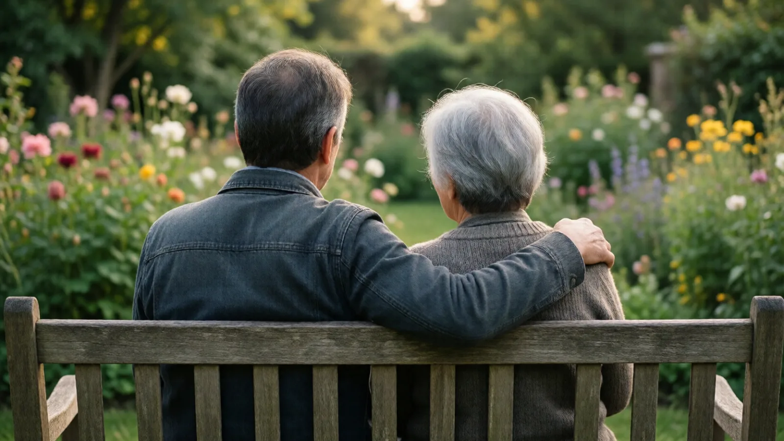 An adult and an older parent sitting together on a garden bench