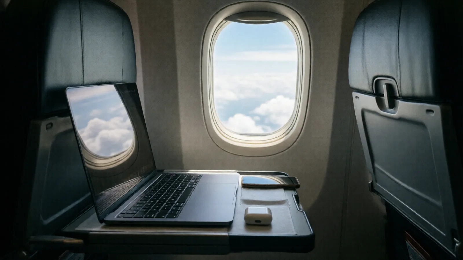 A closed laptop, phone and earbuds case on an airplane tray table by the window