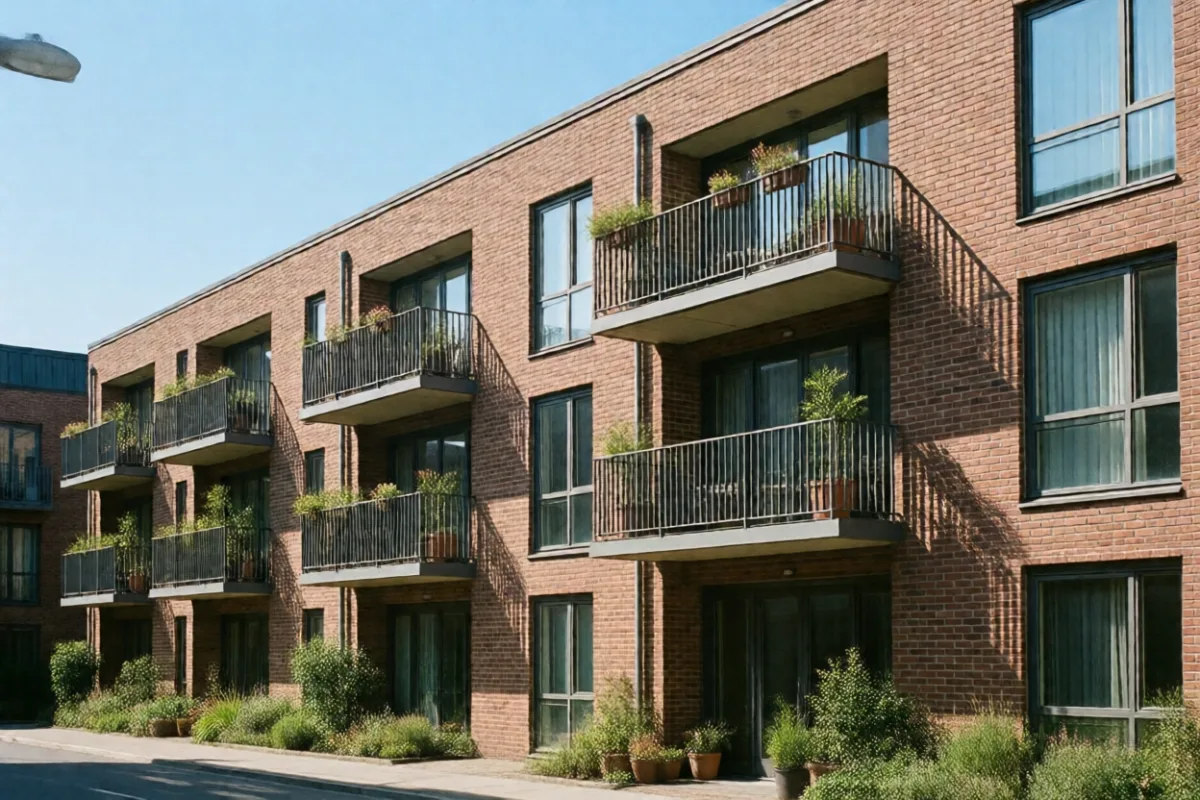 A sunny apartment building with plants on the balconies