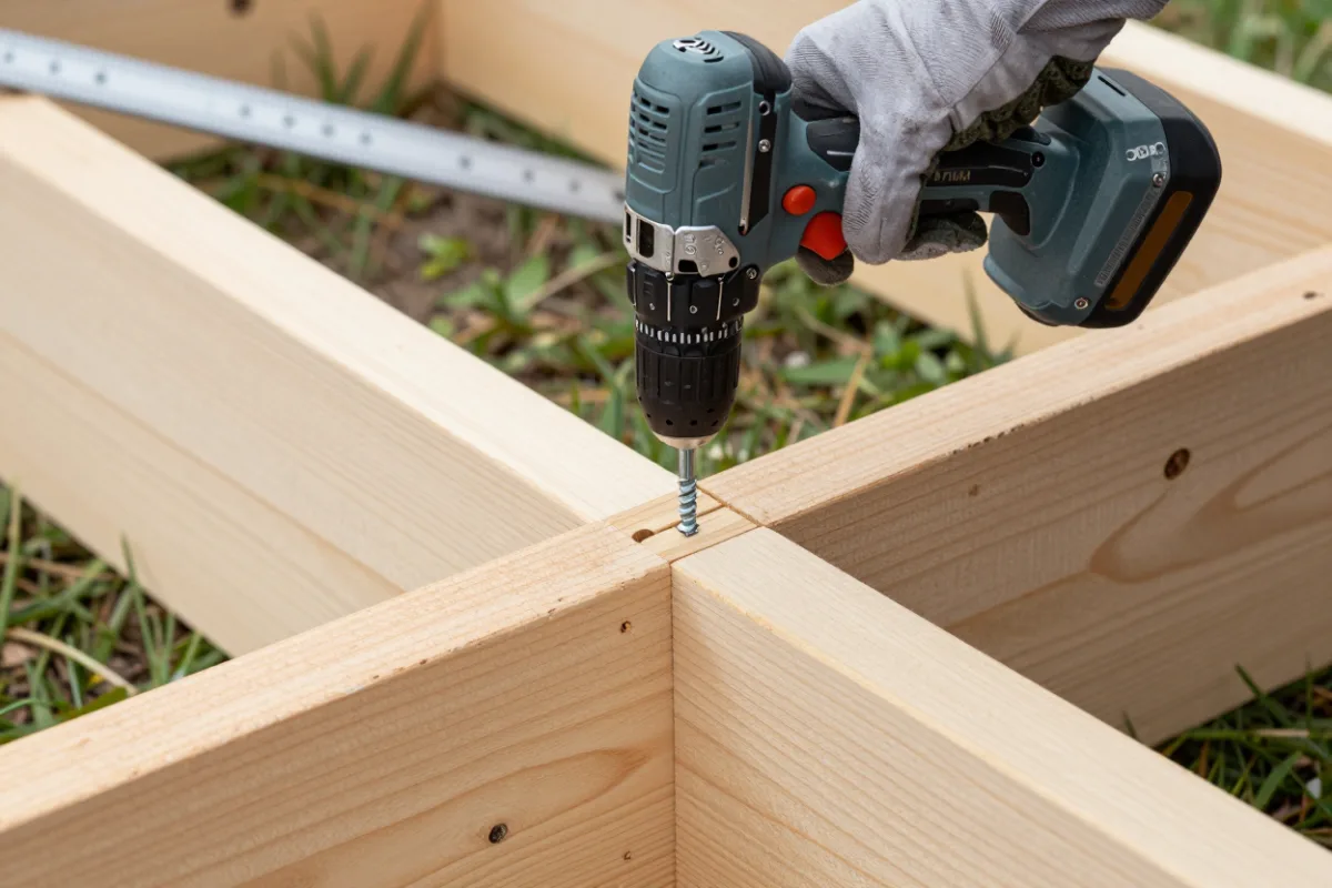 Screwing together the corner of a cedar raised bed