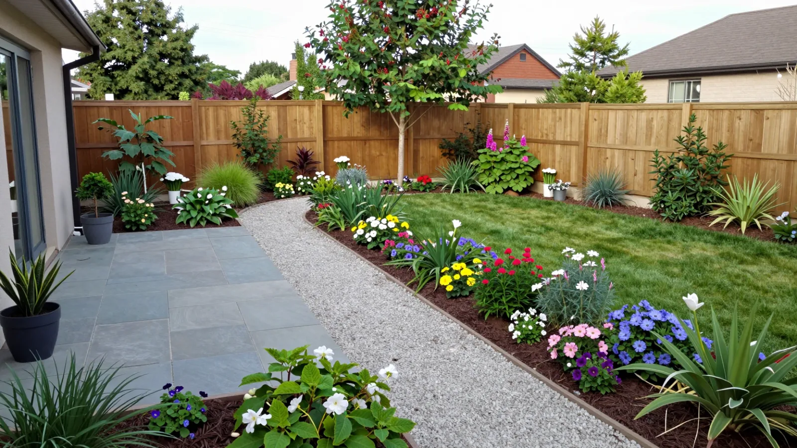 A planned backyard garden with a stone patio, a curving gravel path, flower beds and a small lawn