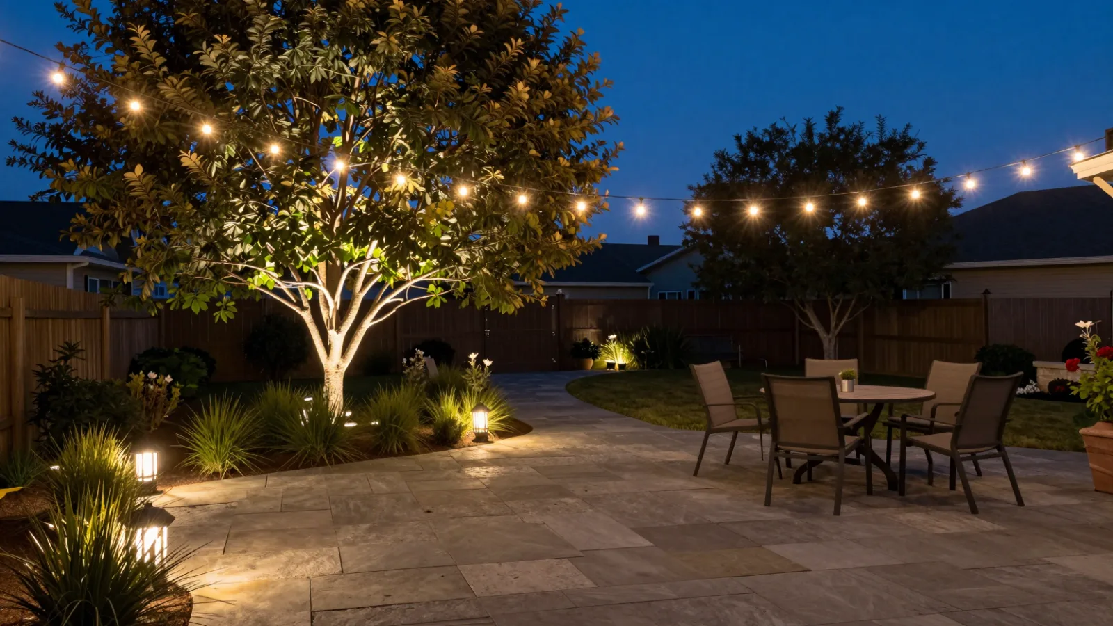A backyard patio lit with string lights and path lights at dusk
