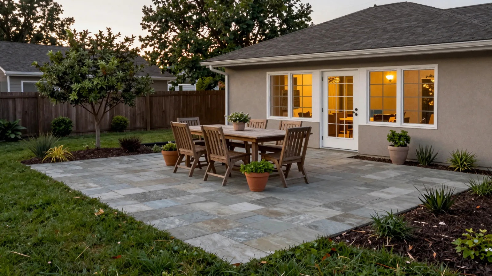 A backyard stone paver patio with a dining table and chairs, surrounded by plants