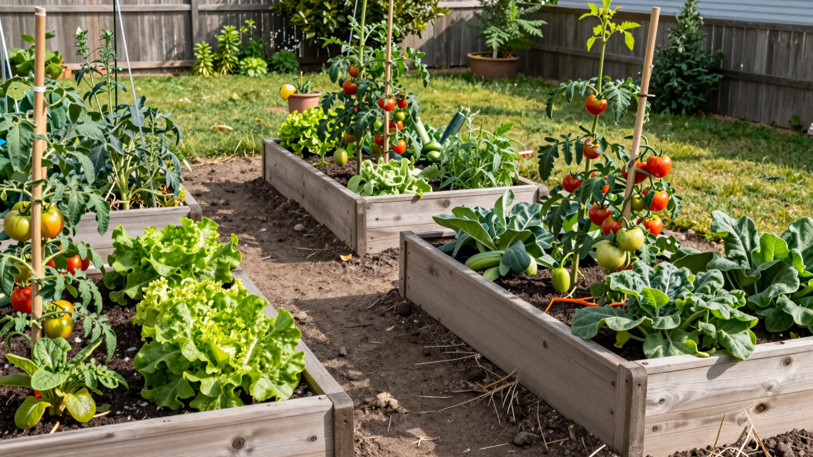 A backyard vegetable garden with wooden raised beds full of tomatoes, lettuce, zucchini and herbs