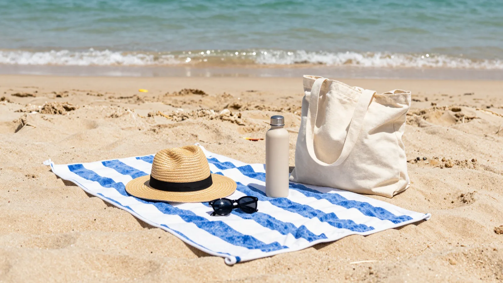 Beach towel, hat and sunglasses on the sand