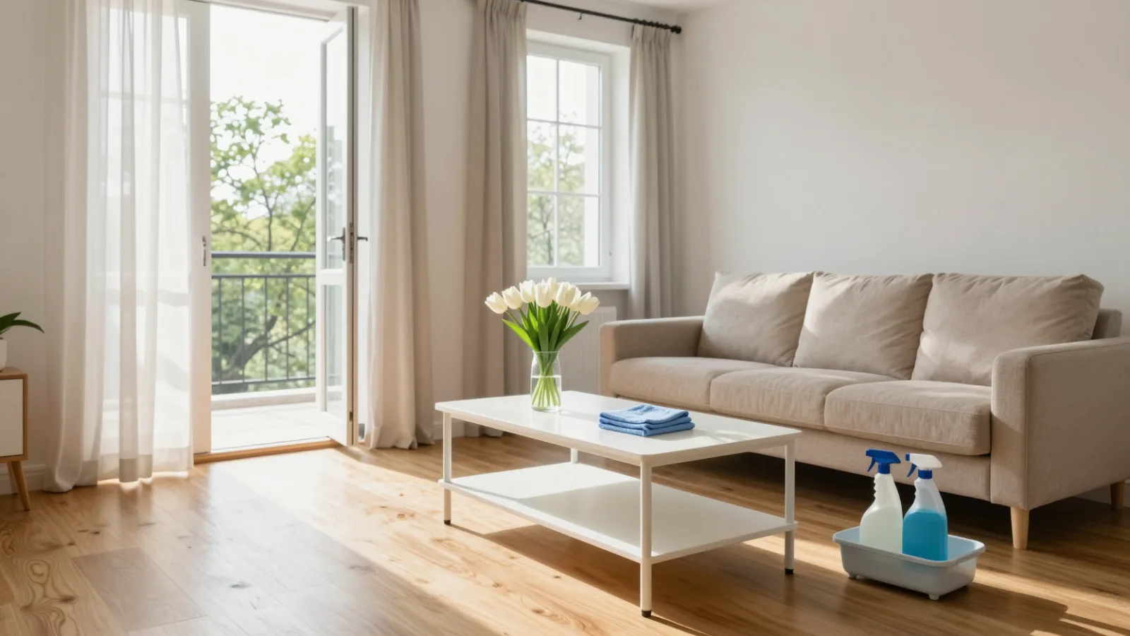 A bright, freshly cleaned living room with open windows in spring