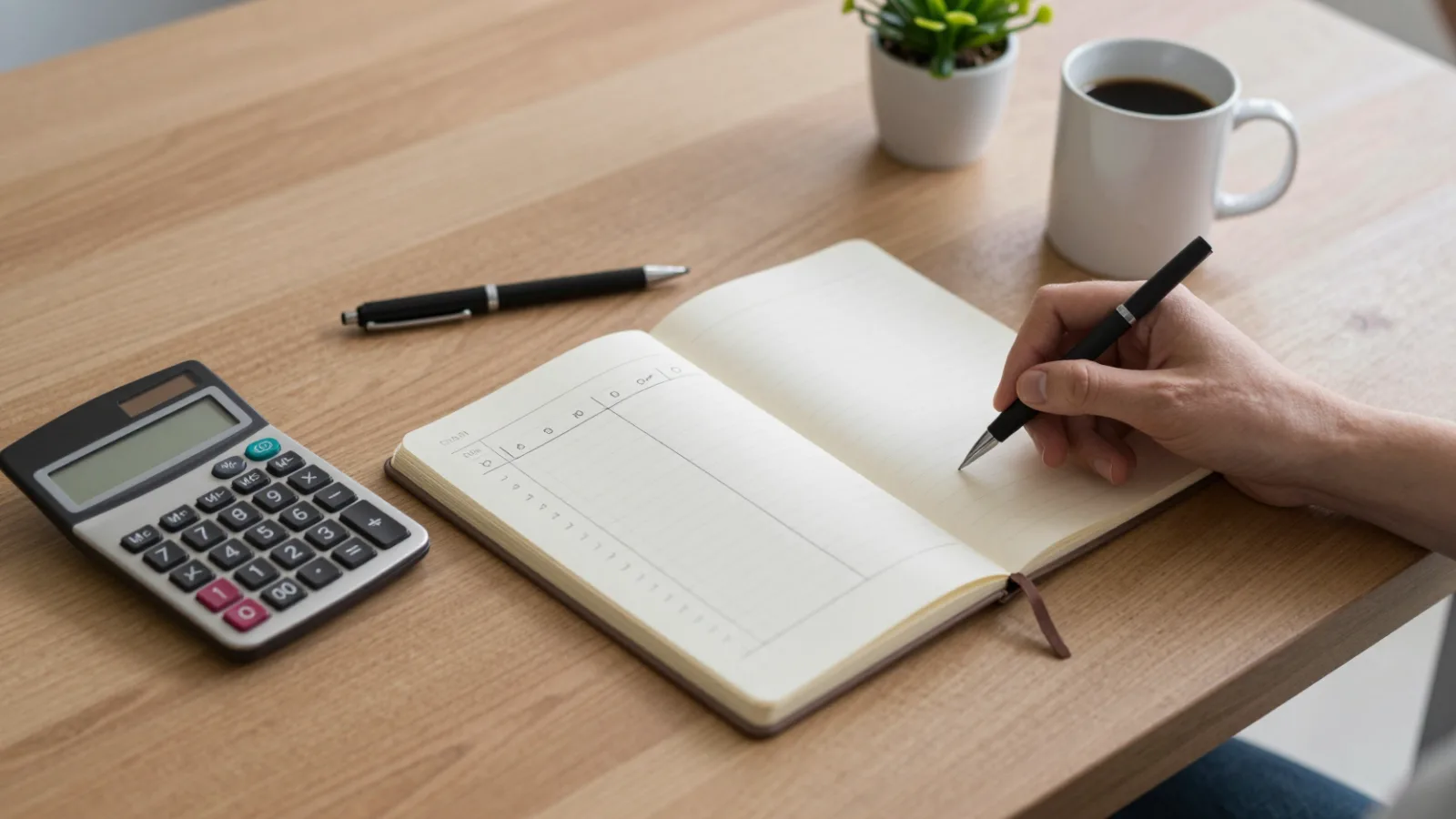 Planning a monthly budget at the kitchen table with a notebook and calculator