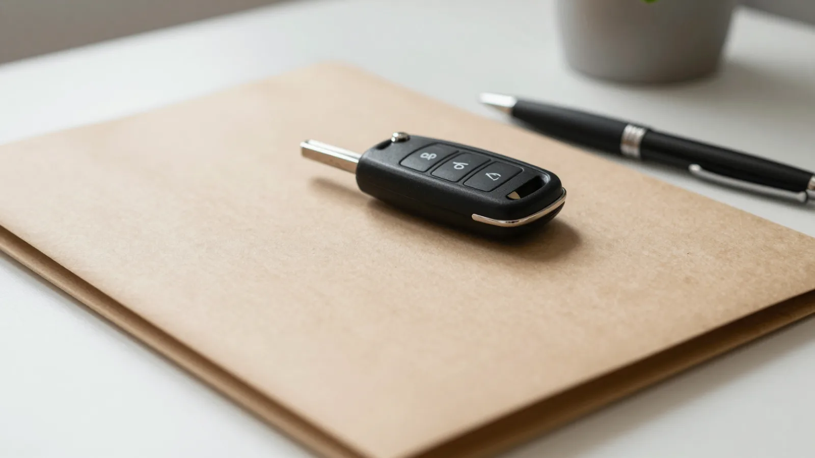 A car key fob on a folder of loan paperwork