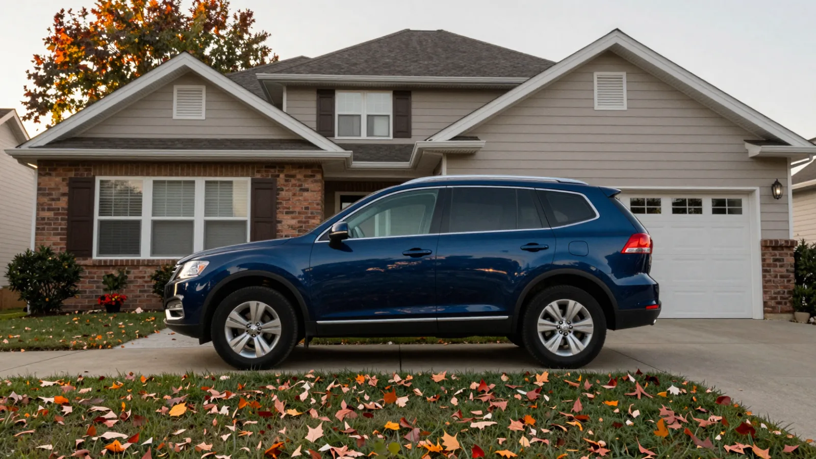 A car parked in the driveway of a suburban house