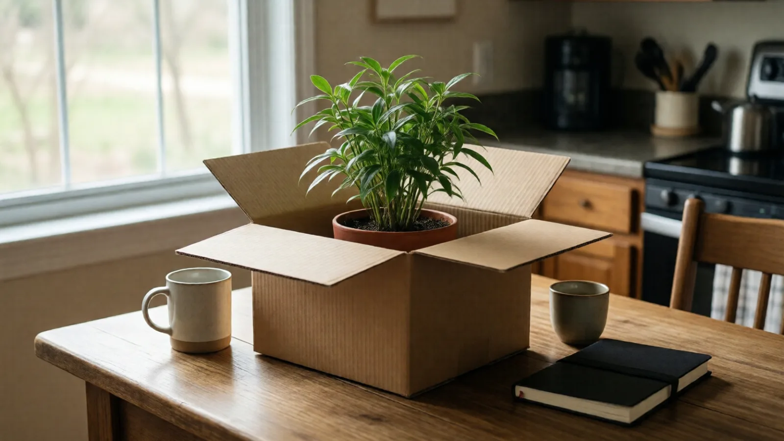 A box of desk items at home after leaving a job