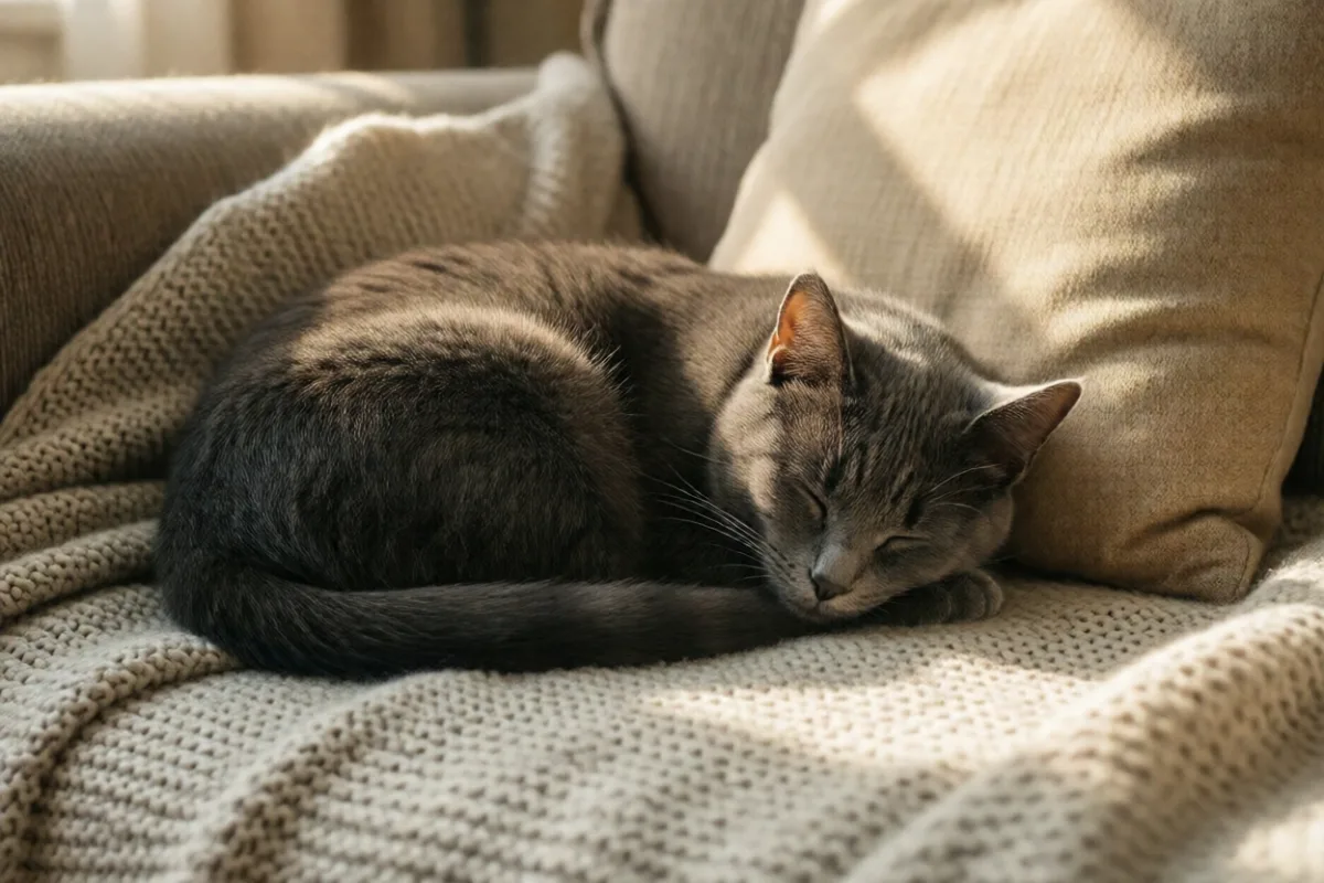 A cat sleeping on a sofa in the sun