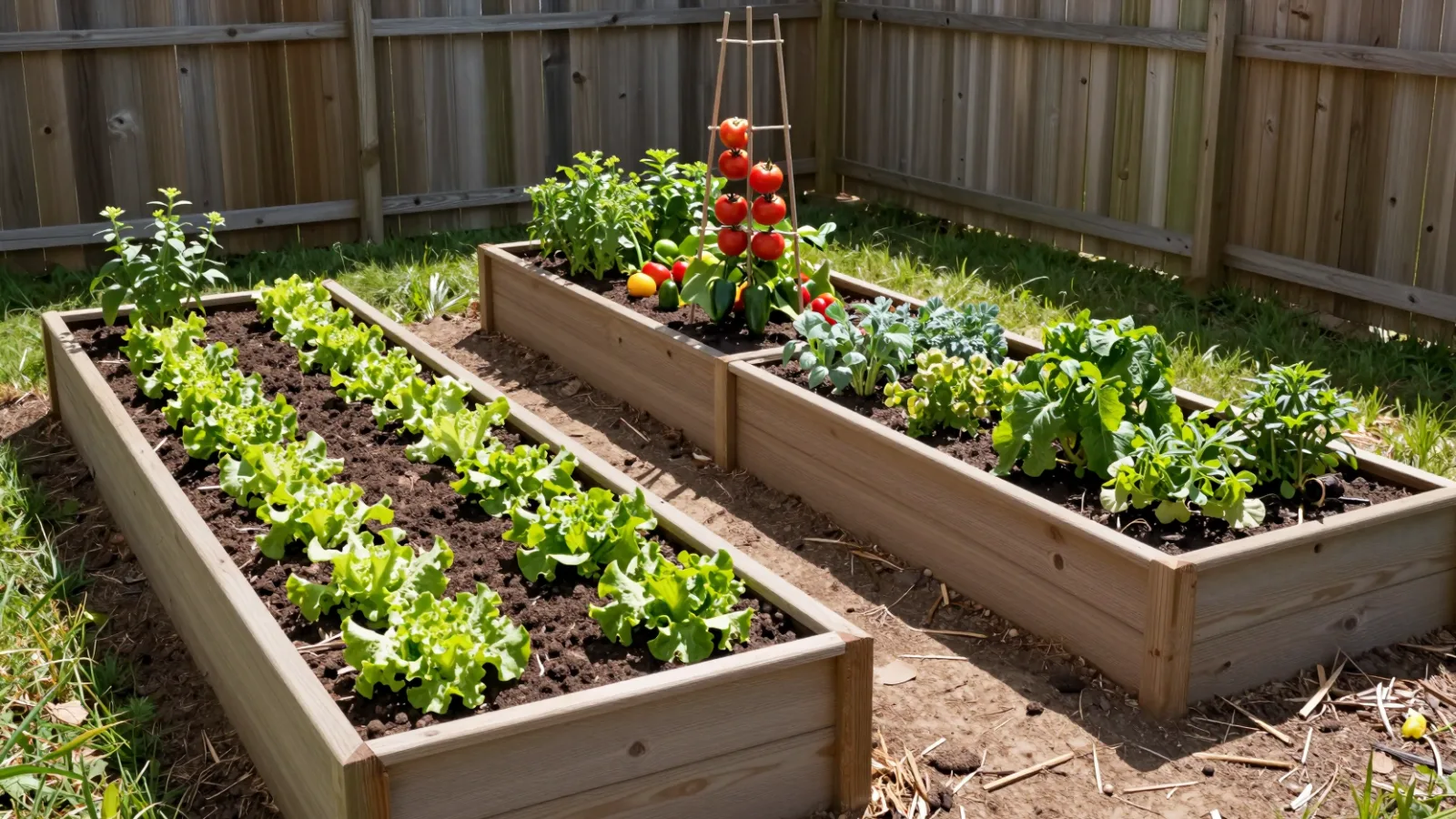 Cedar raised garden beds growing vegetables in a sunny backyard