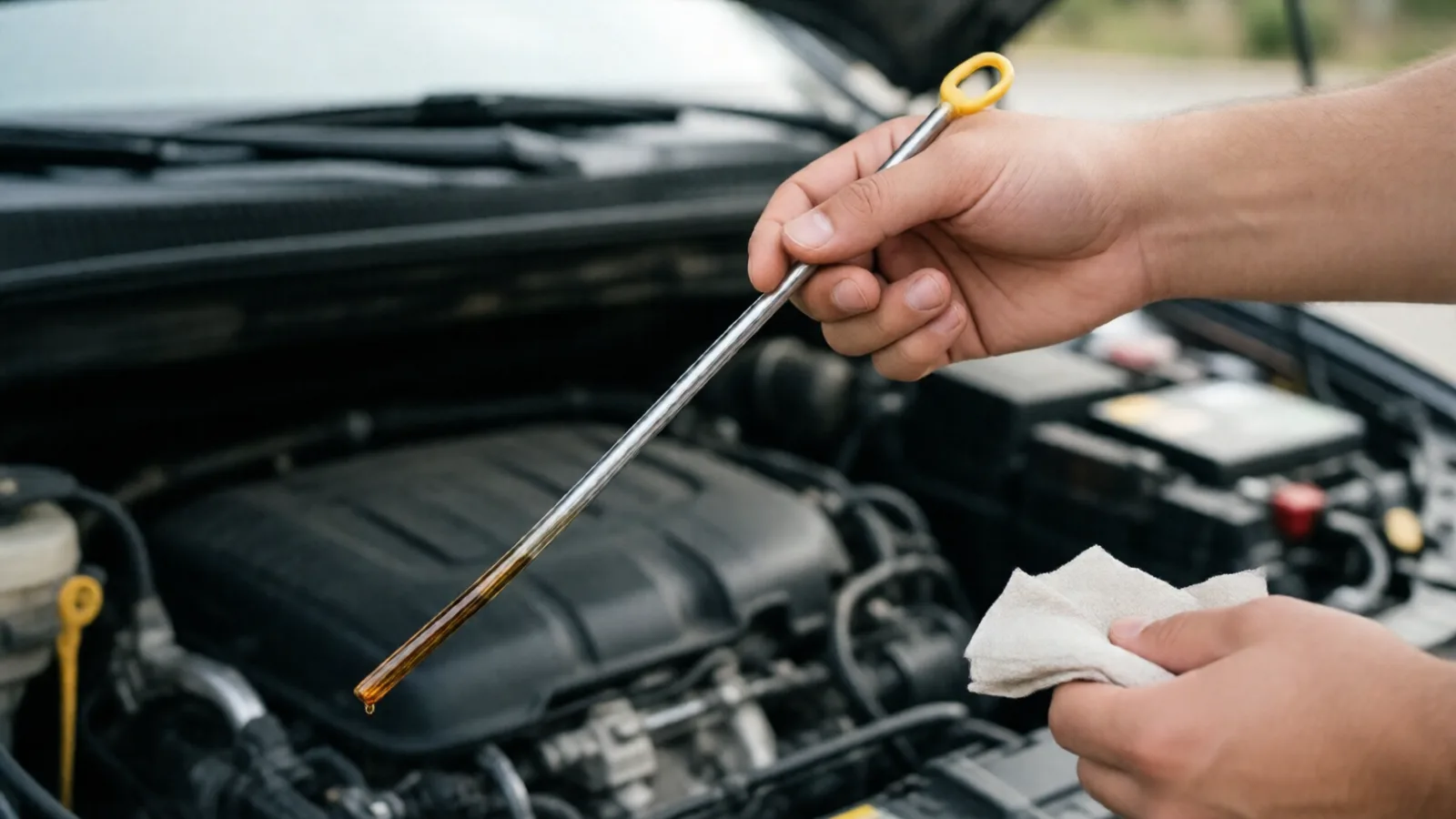 Checking a car's engine oil level with the dipstick