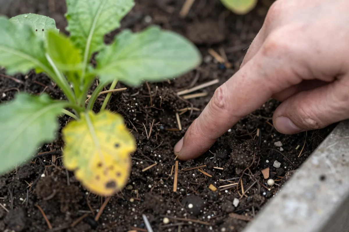 Checking soil moisture with a finger beside a plant with a yellow leaf