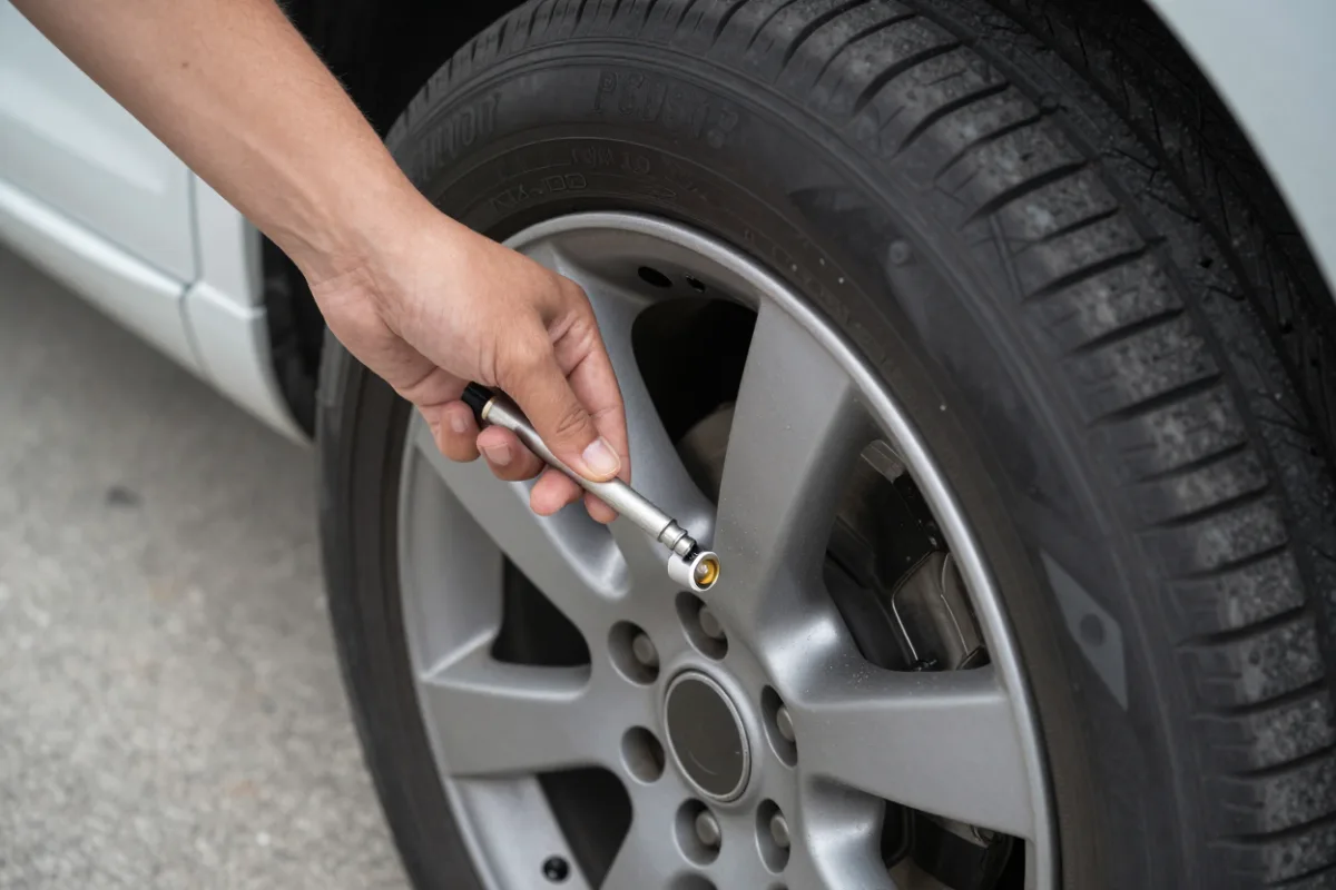 Checking a car tire's pressure with a gauge