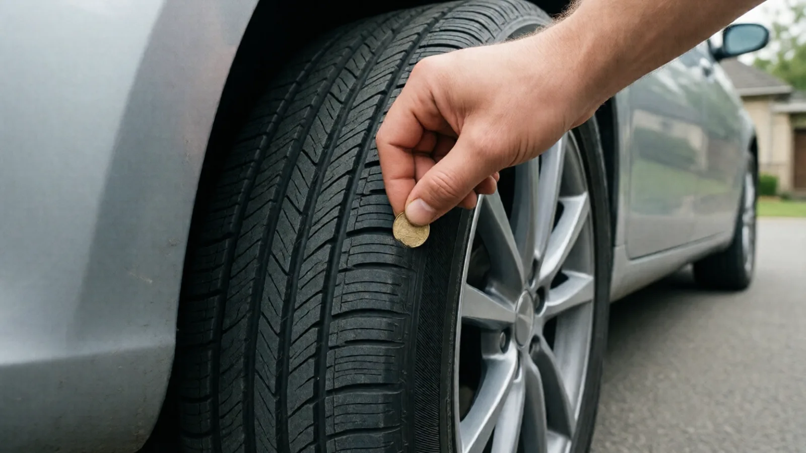 Checking the tire tread on a used car before buying it