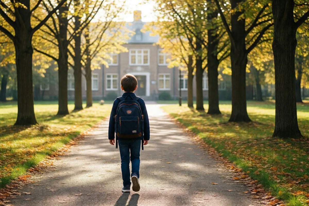 A child walking to school with a backpack