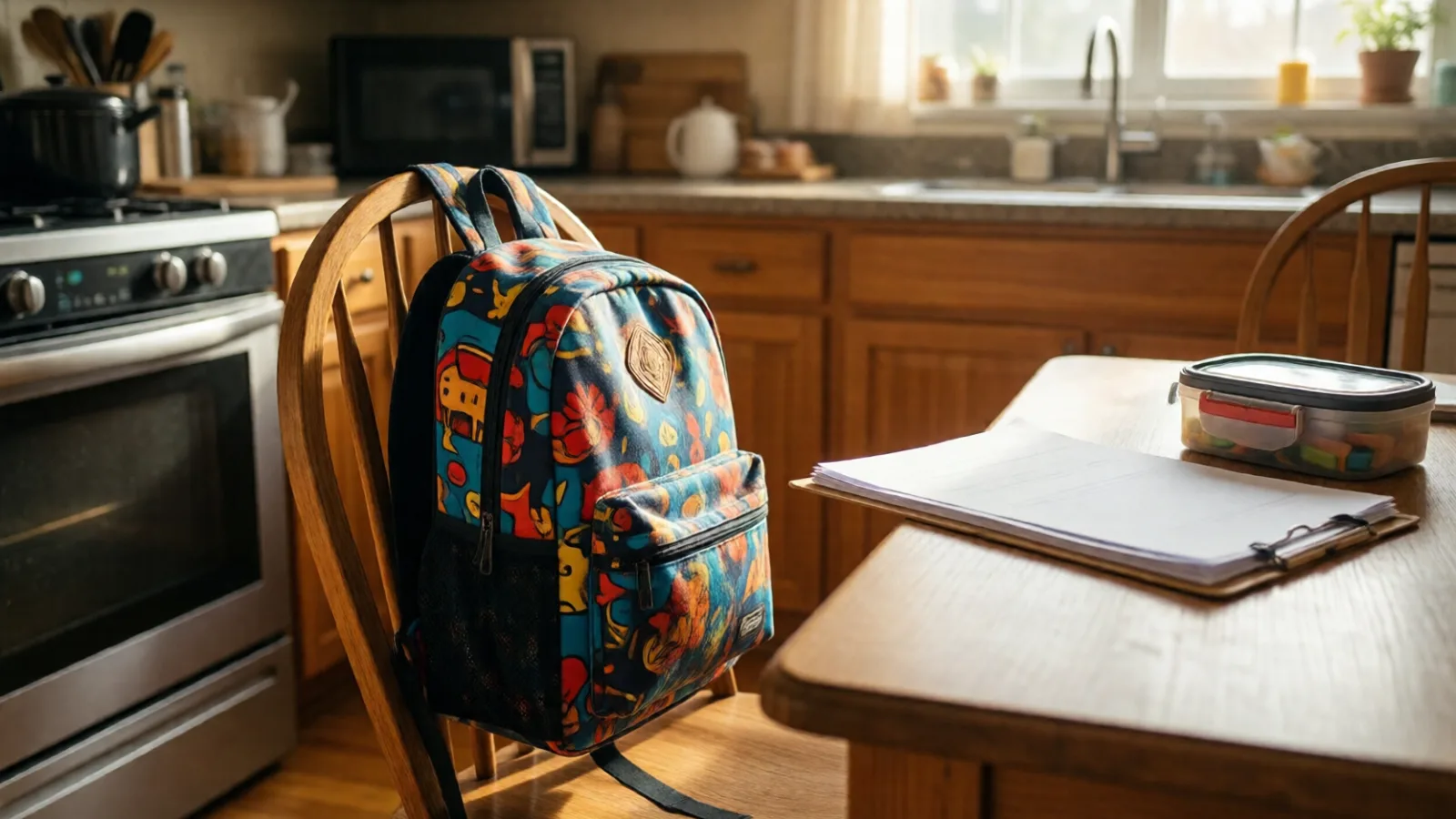 A child's school backpack and papers in a family kitchen
