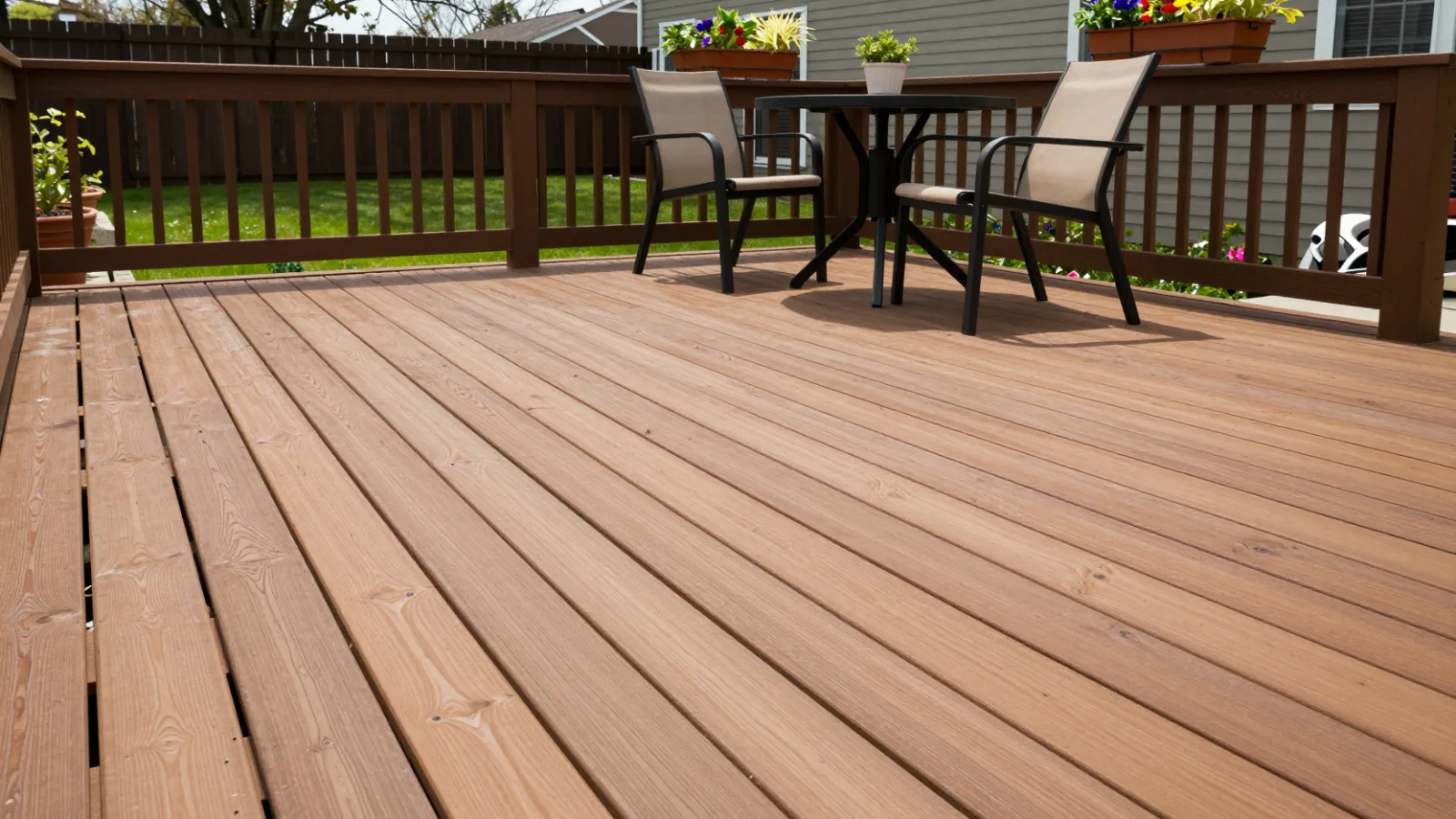 A freshly cleaned and stained wooden deck with outdoor furniture