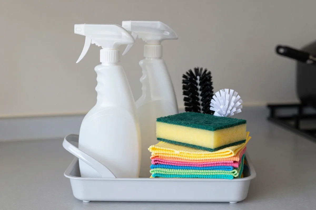 A cleaning caddy with spray bottles, microfiber cloths, a scrub brush and a sponge
