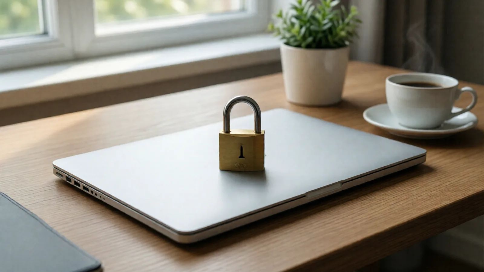 A padlock resting on a closed laptop on a desk