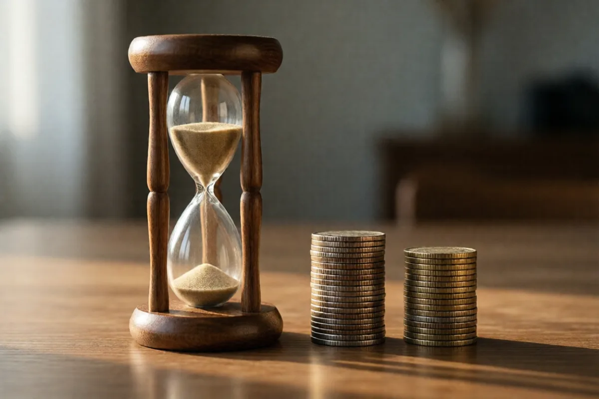 An hourglass beside stacks of coins