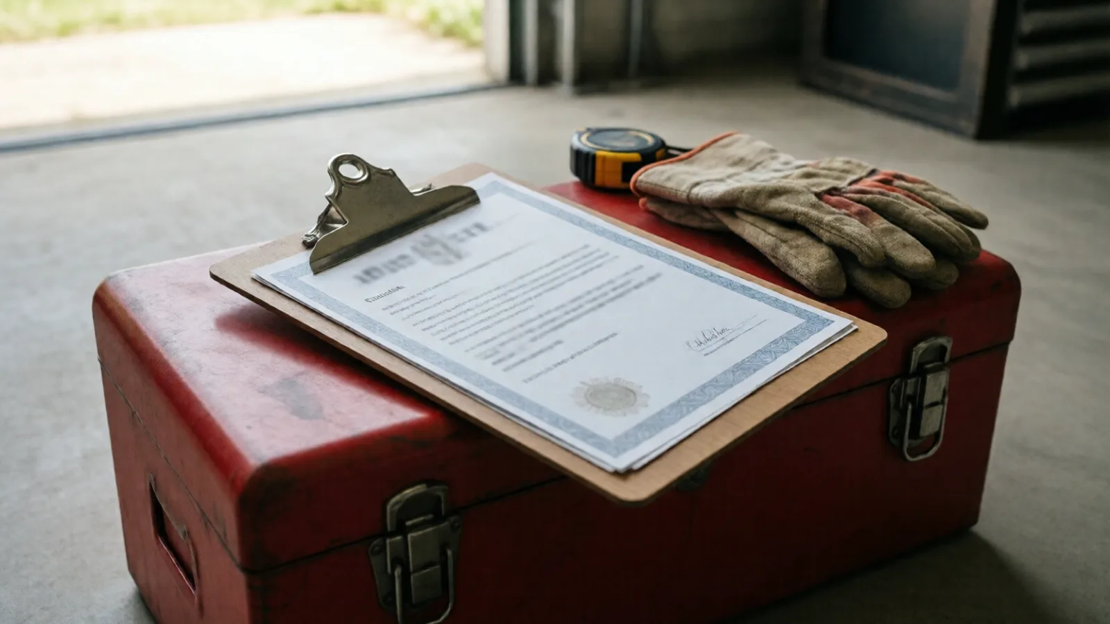 Contractor paperwork on a clipboard on top of a toolbox