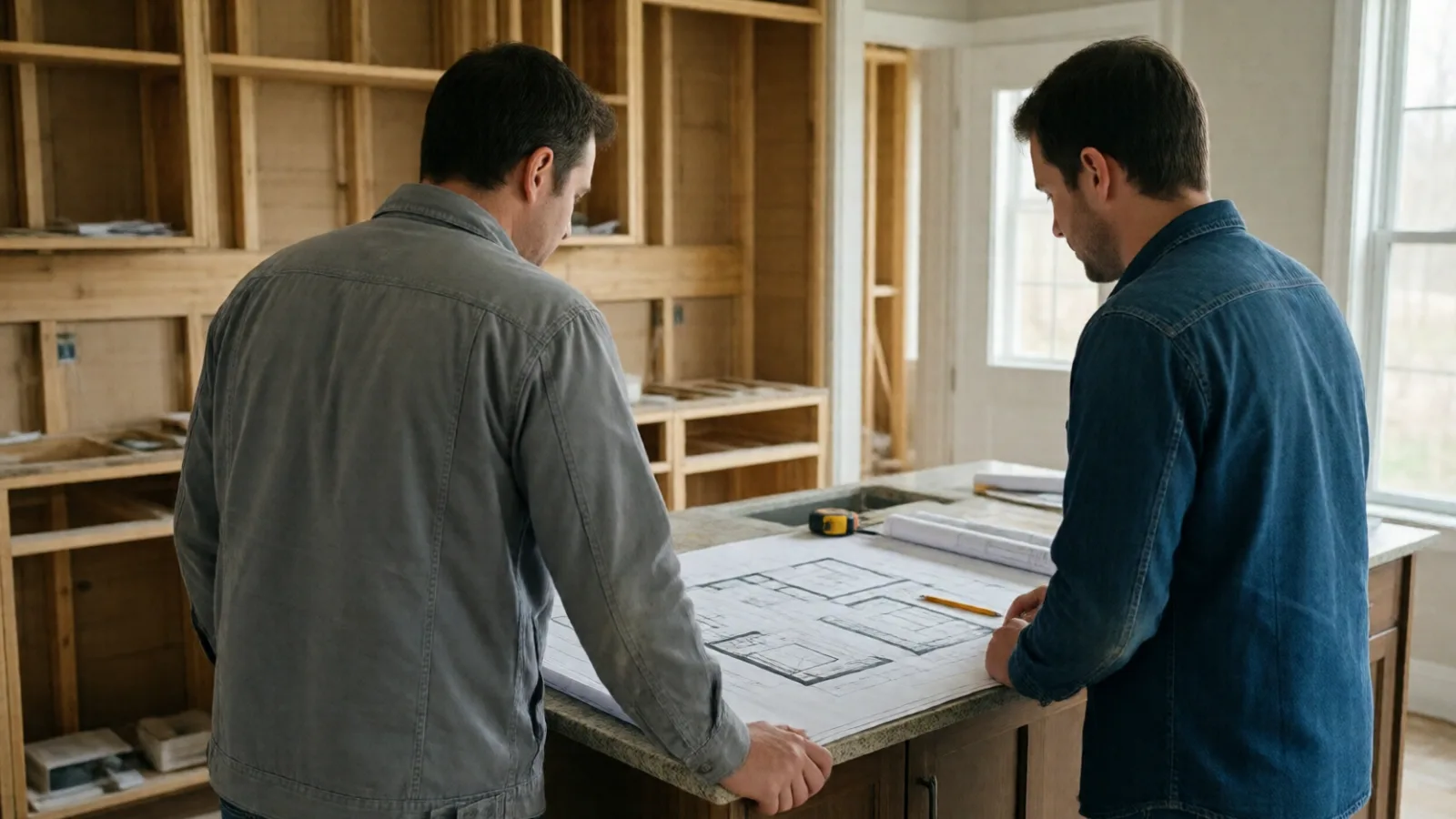 A contractor and homeowner reviewing plans during a kitchen remodel
