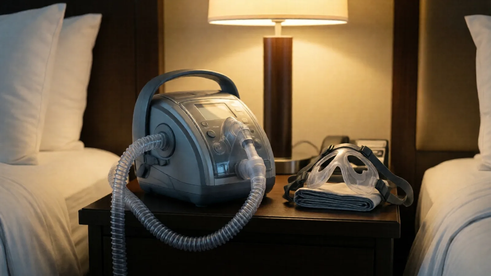 A CPAP machine with tubing and mask on a hotel nightstand