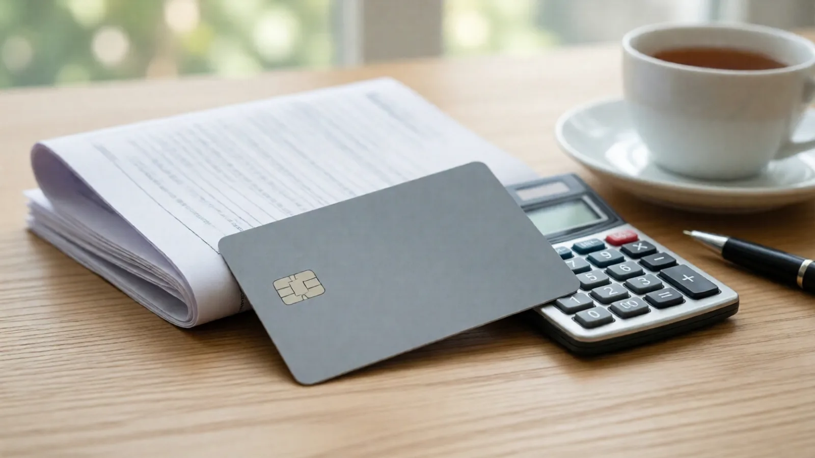A credit card, calculator and statement on a desk