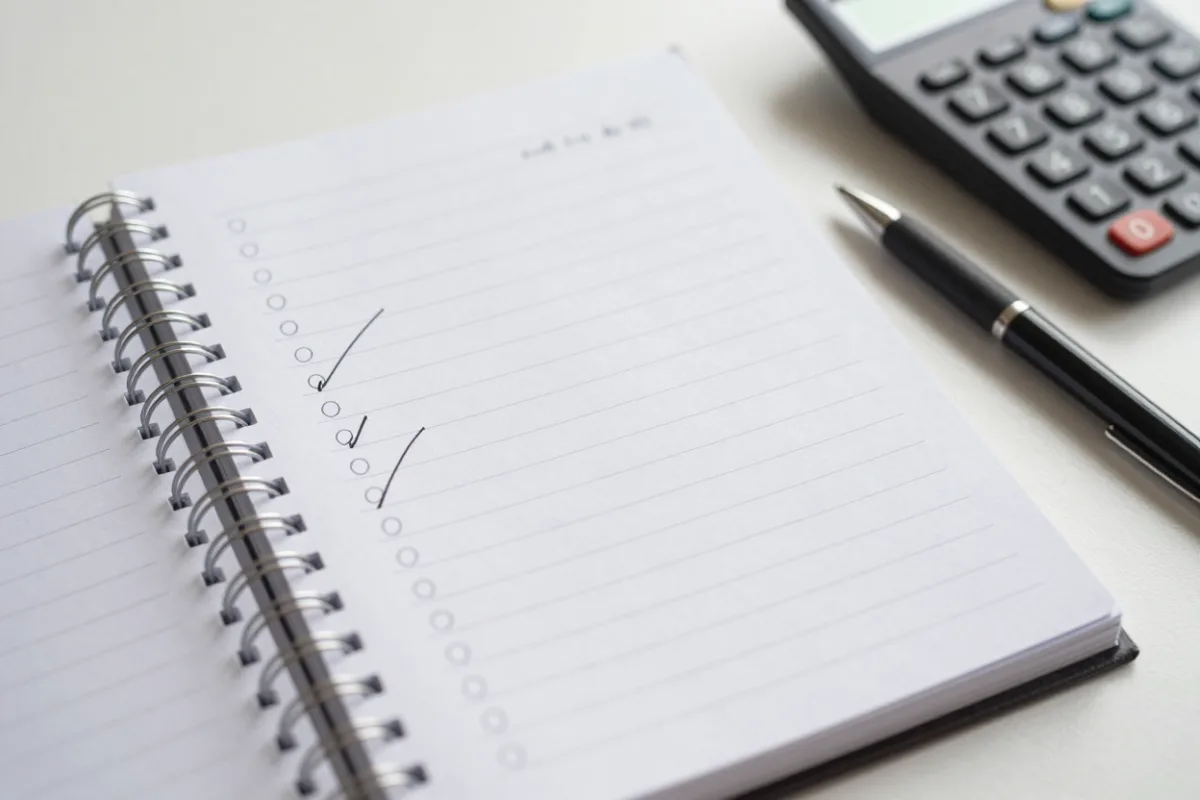 A debt payoff list in a notebook with some items crossed off