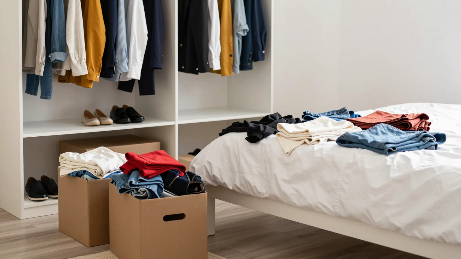 Sorting clothes into donation boxes while decluttering a bedroom closet