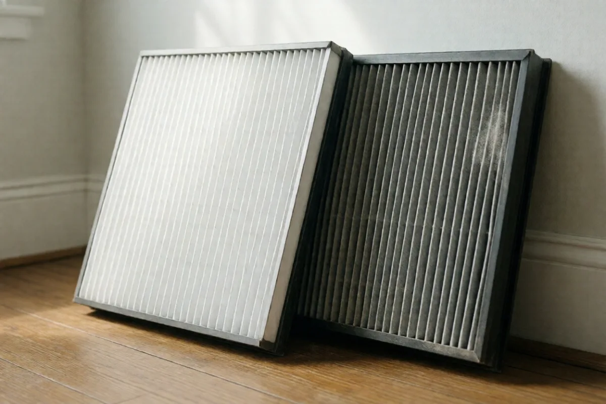 A dirty and a clean furnace filter side by side