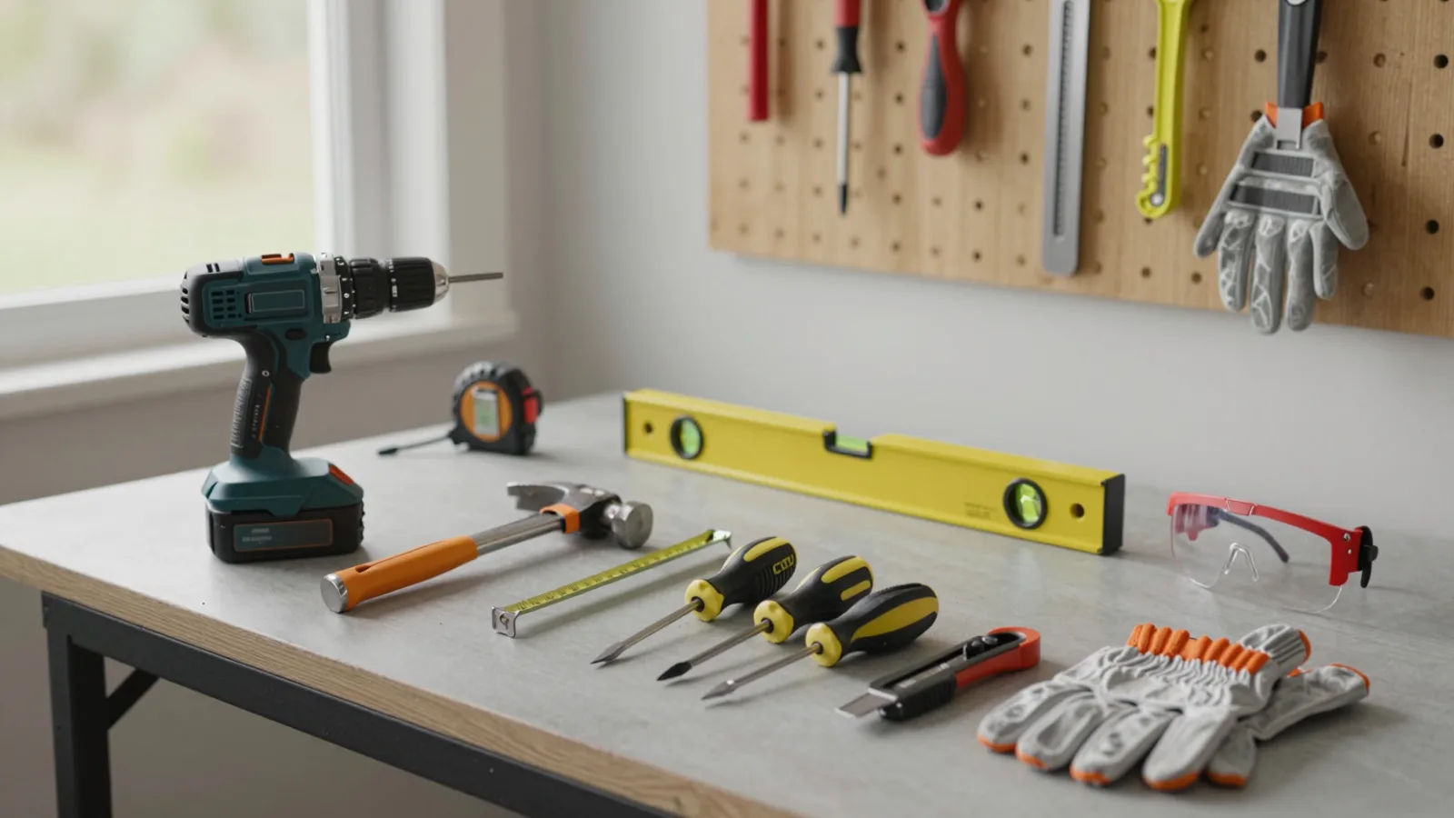 Basic home improvement tools on a garage workbench, including a cordless drill, level, hammer and tape measure