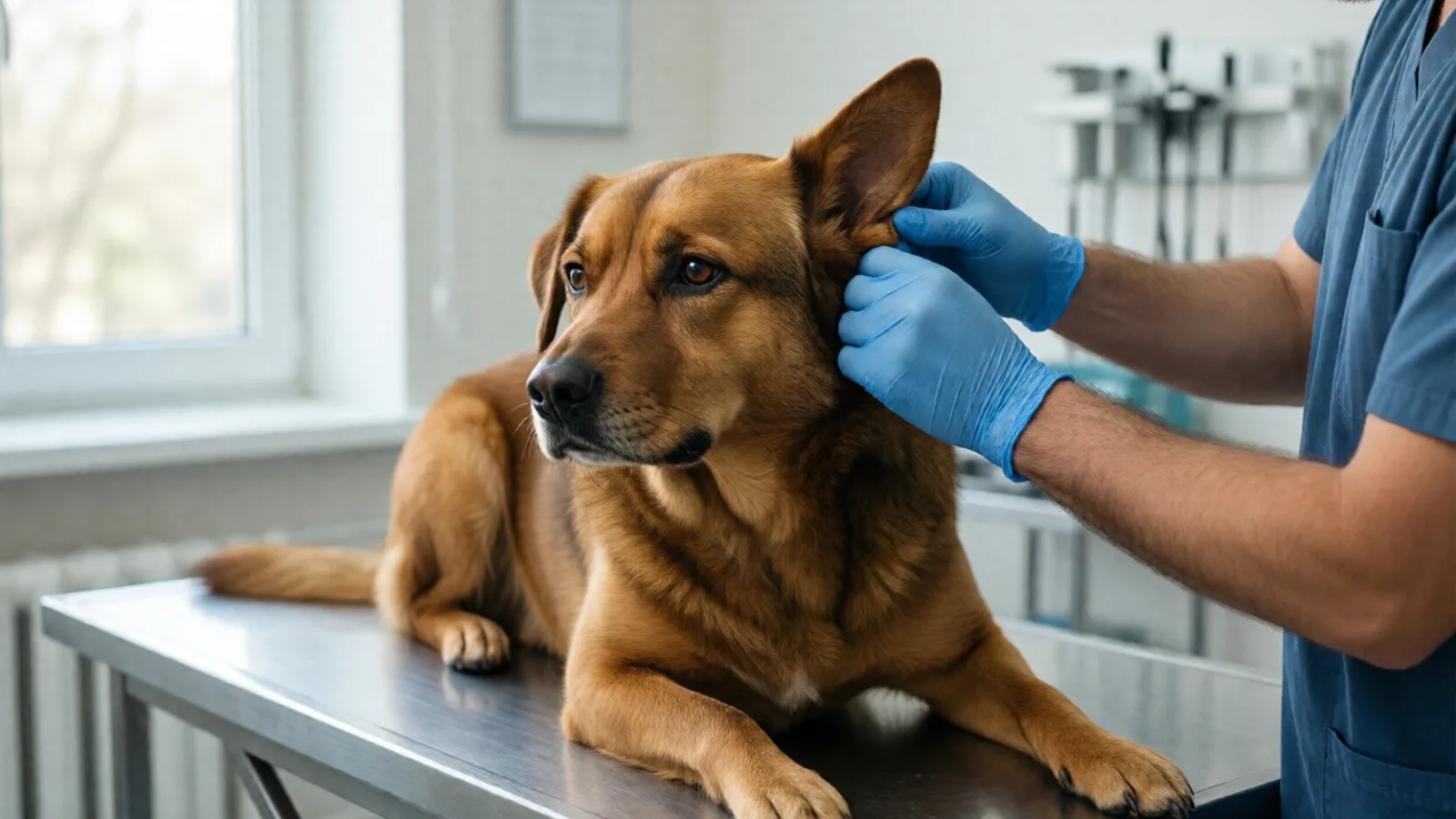 A dog having a checkup at the vet