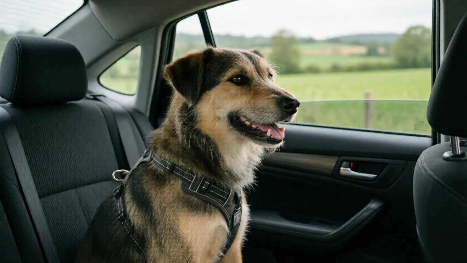 A dog safely secured in the back seat on a road trip