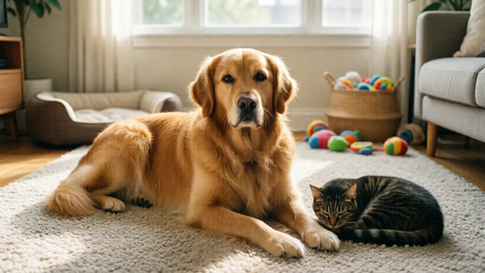A dog and a cat resting together on a living room rug