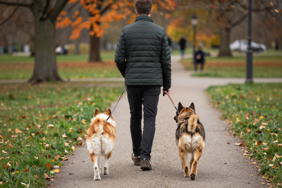 A dog walker walking two dogs in a park