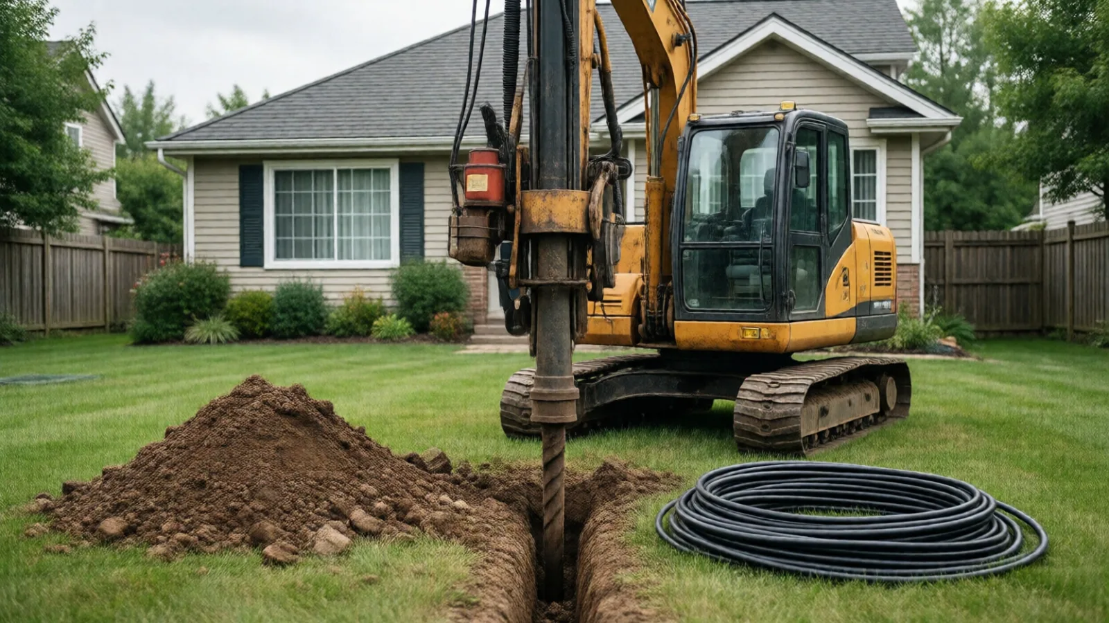 A drilling rig making a geothermal loop in a backyard
