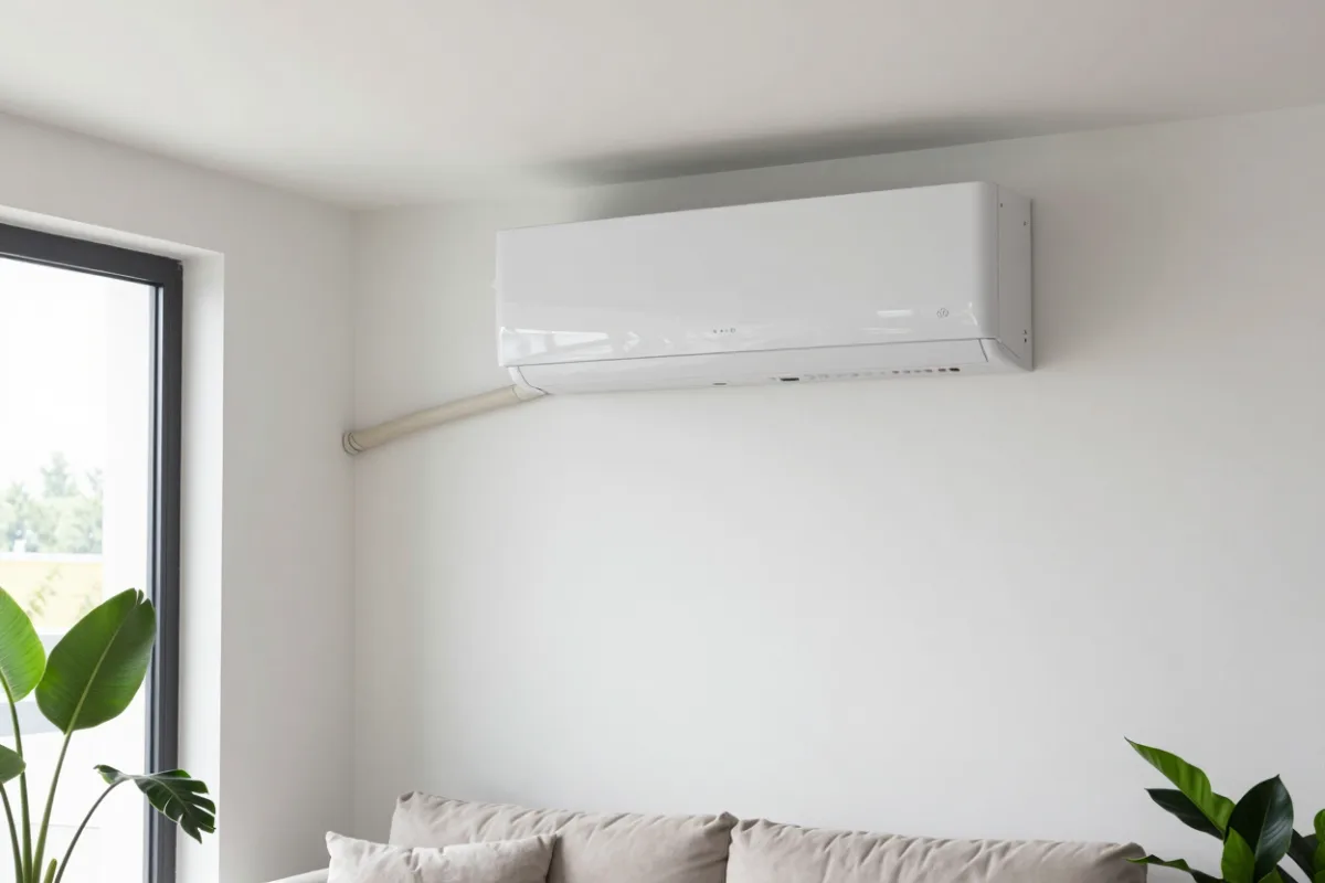 A ductless mini-split heat pump unit on a living room wall