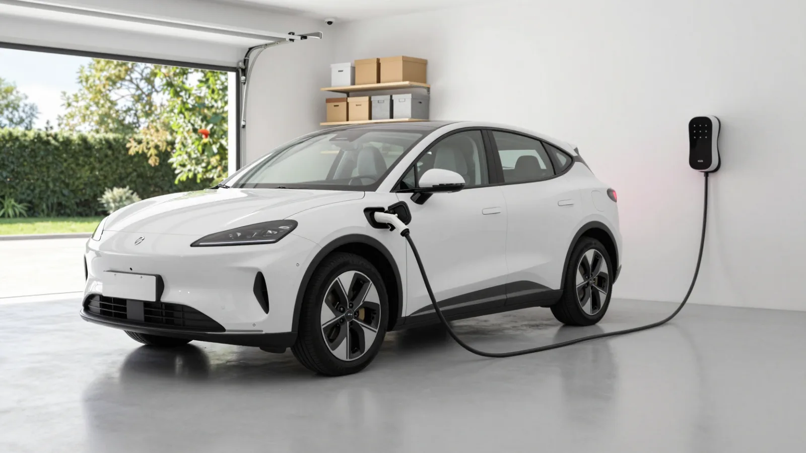 An electric car plugged in to a wall charger in a home garage