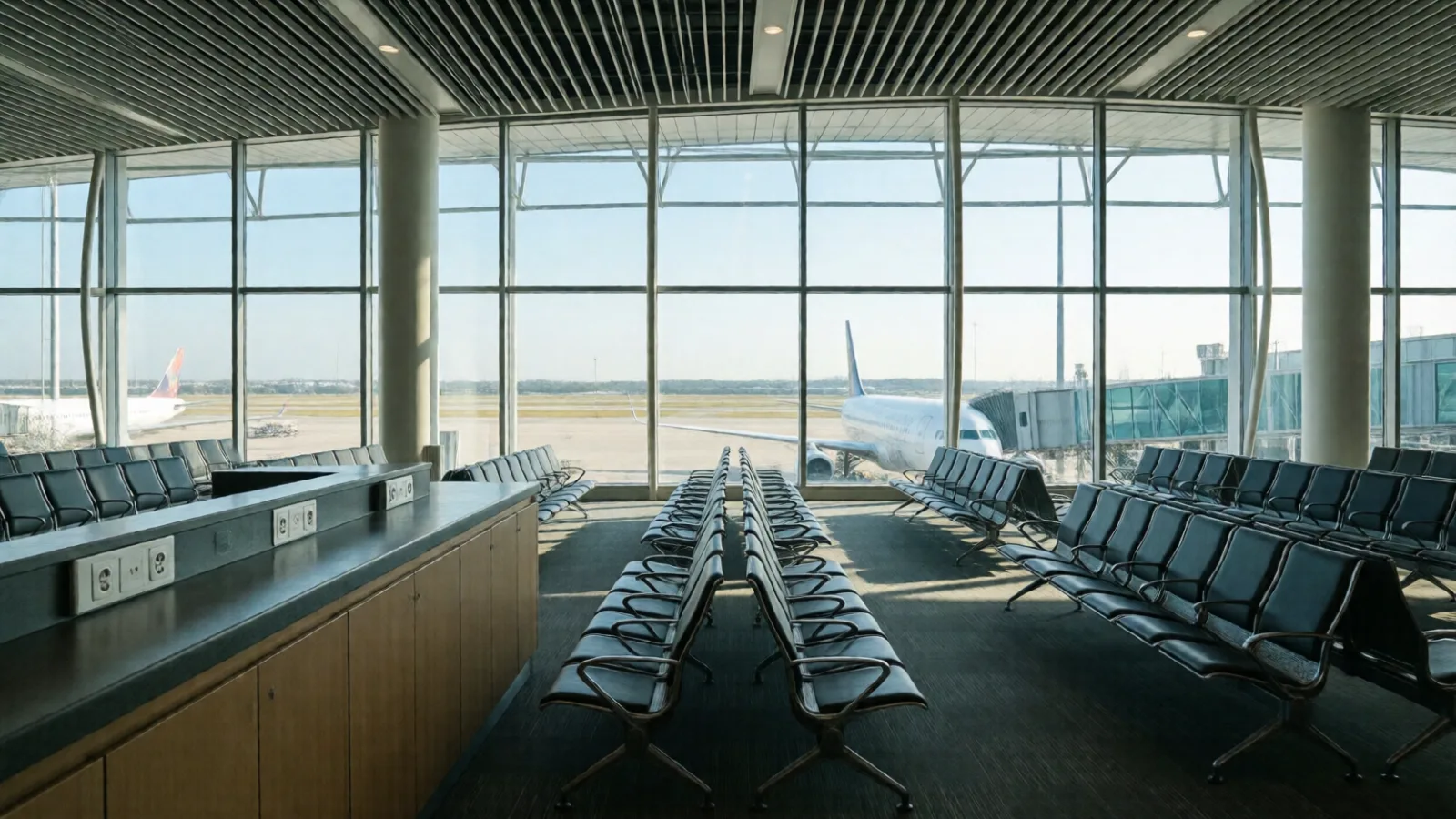 An empty airport departure lounge with seats and charging points