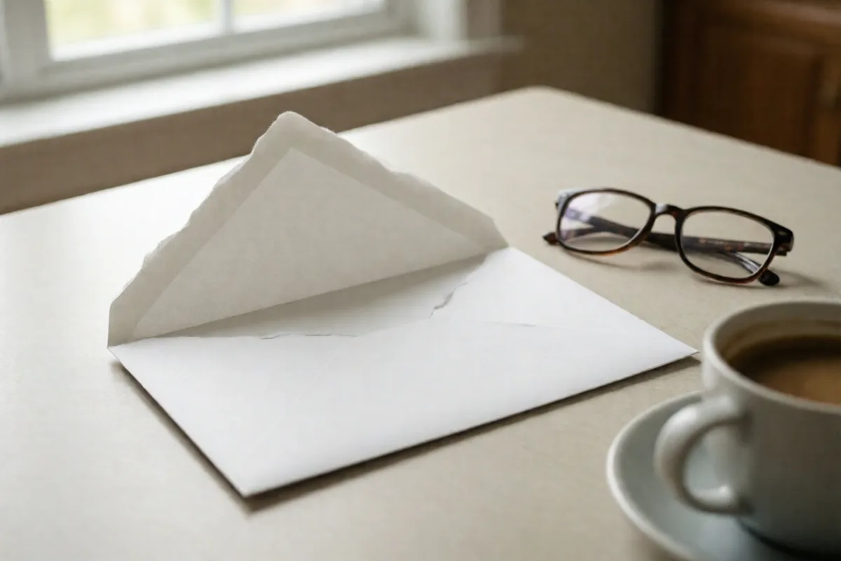 An opened envelope beside reading glasses on a kitchen table