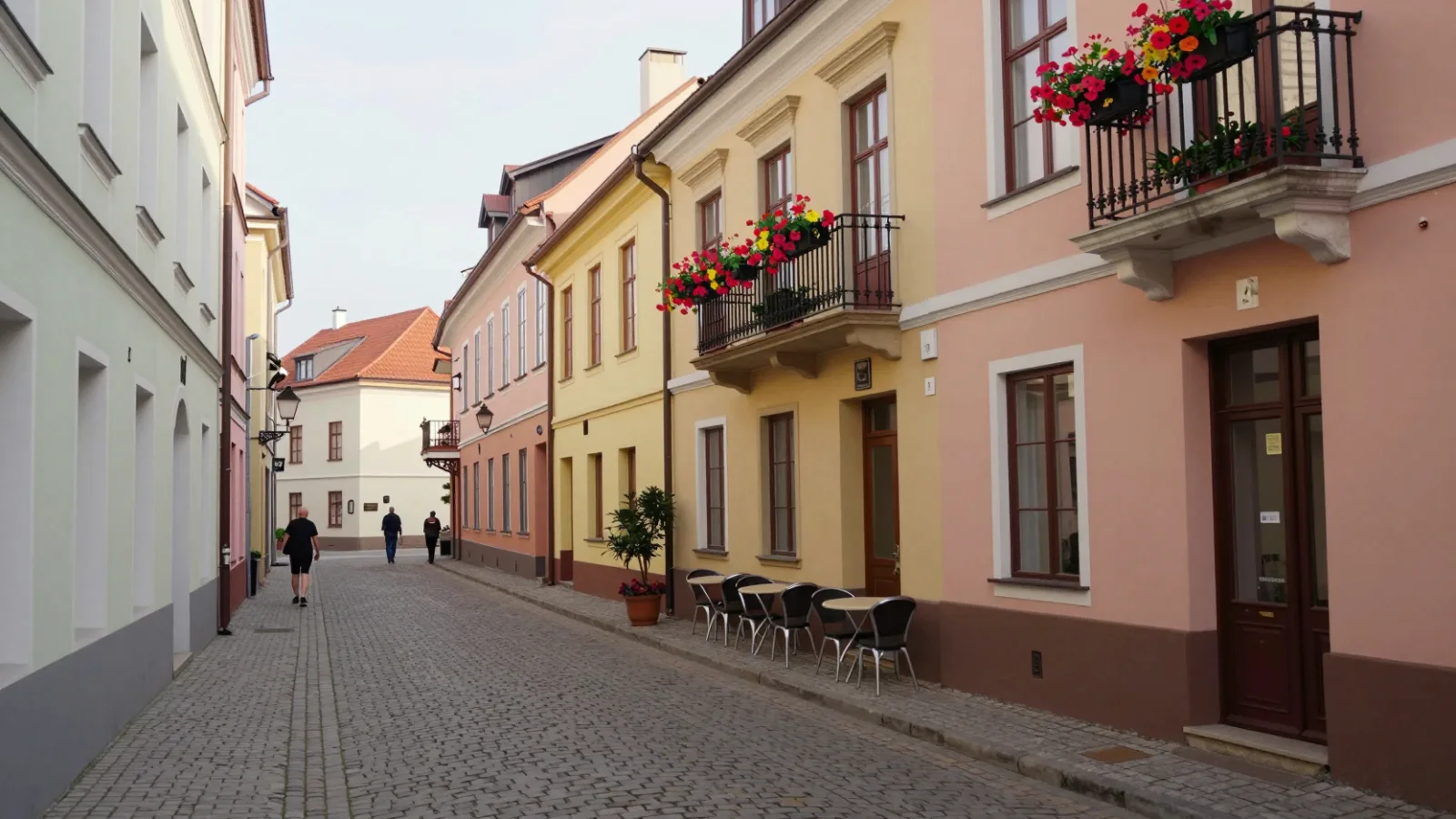 A cobblestone street with cafes in a European old town
