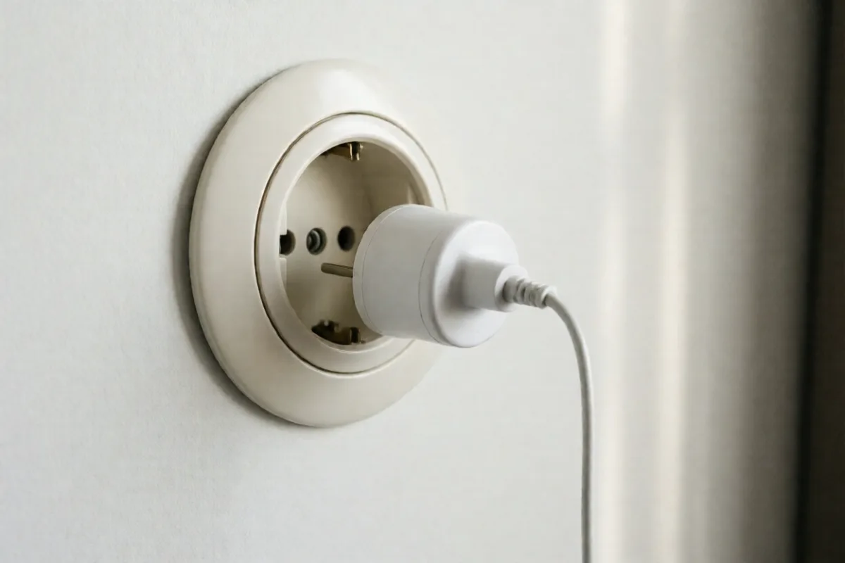 A travel adapter plugged into a European wall socket