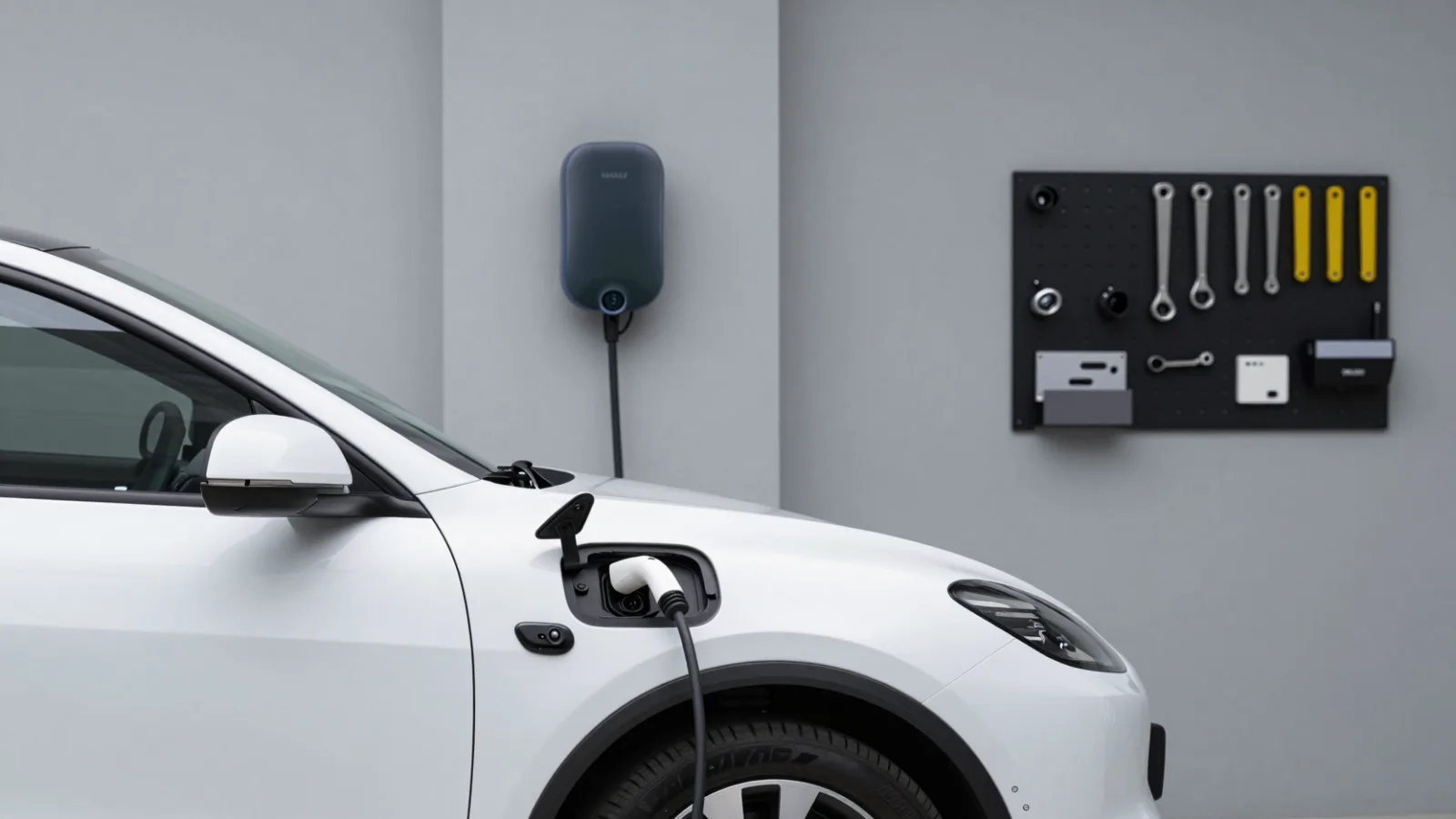 An electric car charging in a home garage