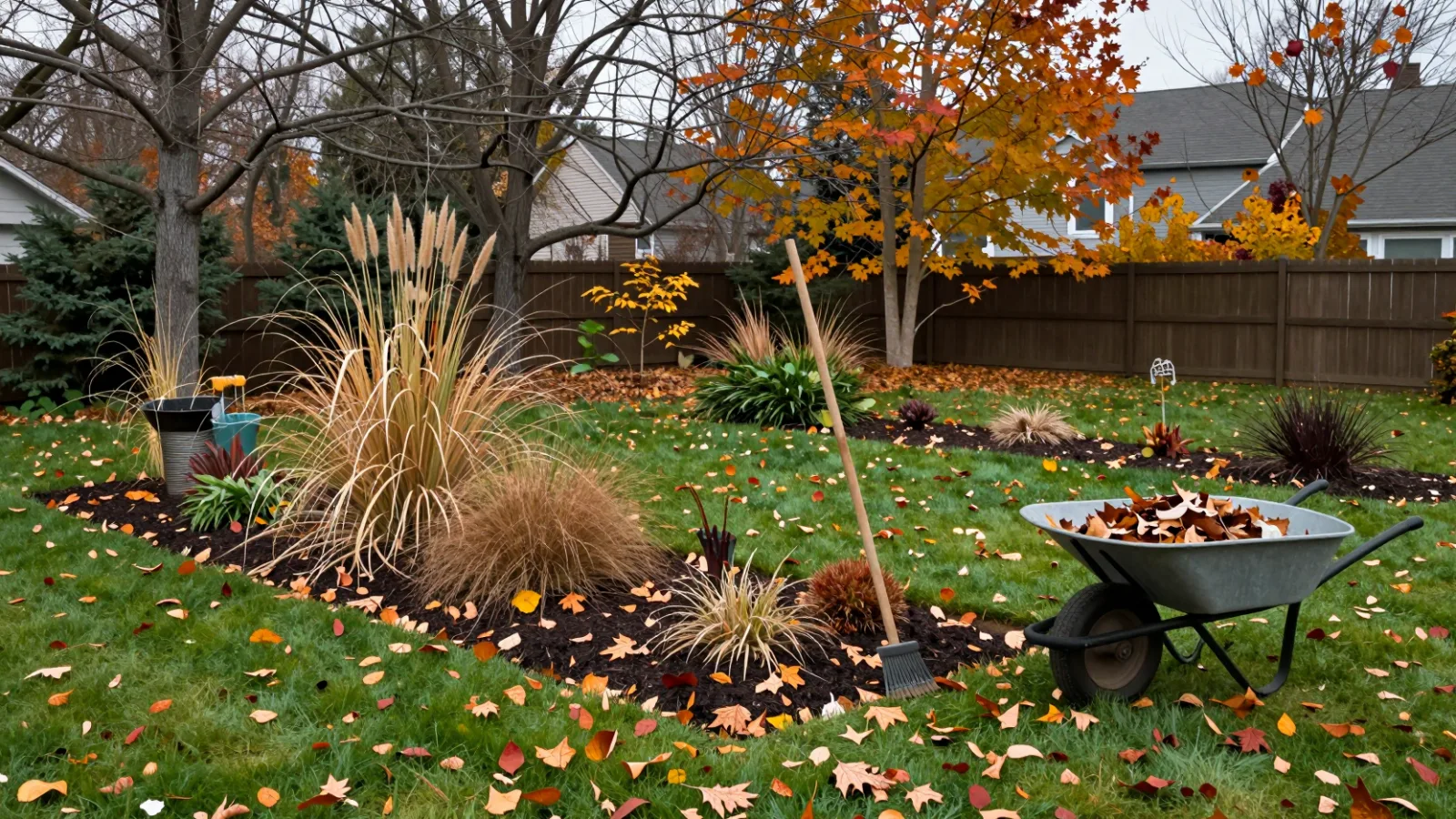 A tidy autumn garden with mulched beds, seed heads left standing and a wheelbarrow of leaves