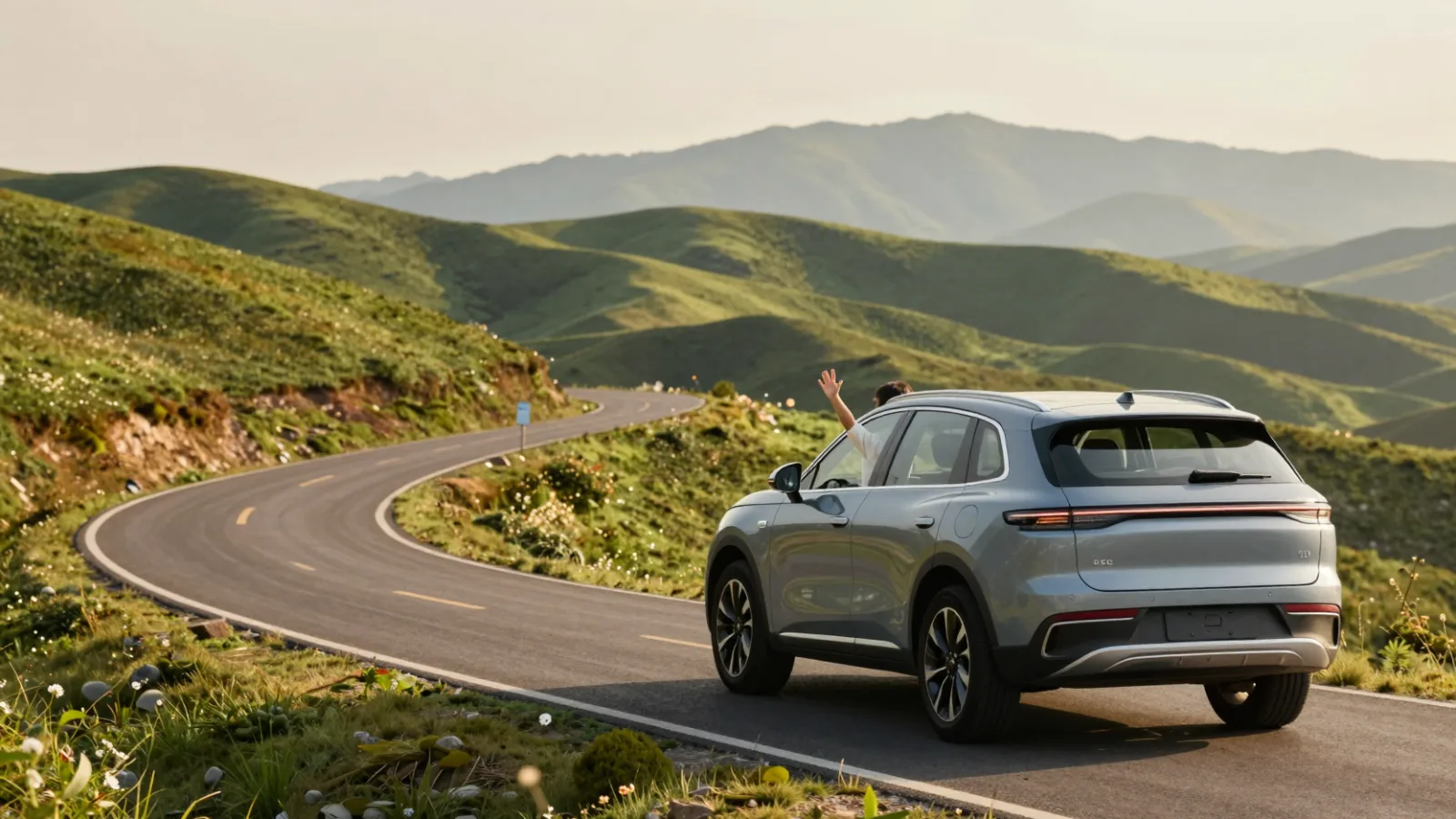 A family car on a scenic road trip through the hills
