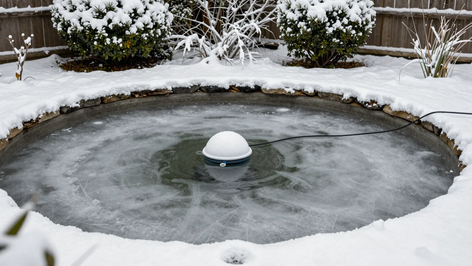 A floating de-icer keeping a hole open in the ice on a snowy garden pond
