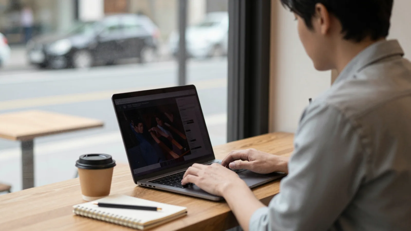 A freelancer working on a laptop by a cafe window